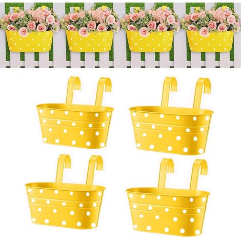 Lot de 4 pots de fleurs suspendus en métal avec trou de drainage - Avec double crochet amovible - Ovale - Pour décoration de jardin et balcon - Jaune