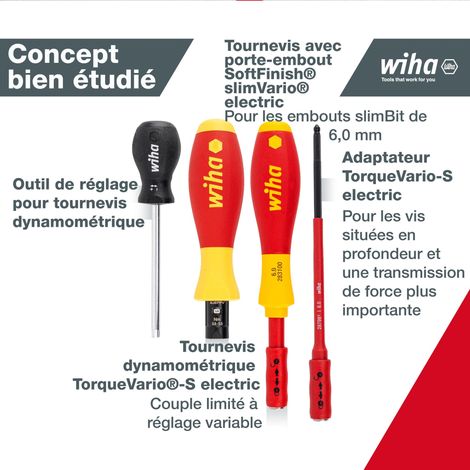 Wiha Jeu de tournevis dynamométriques TorqueVario®-S electric 0,8-5,0 Nm jeu mixte de 14 pcs à couple limité à réglage variable y compris une trousse repliable (40674)