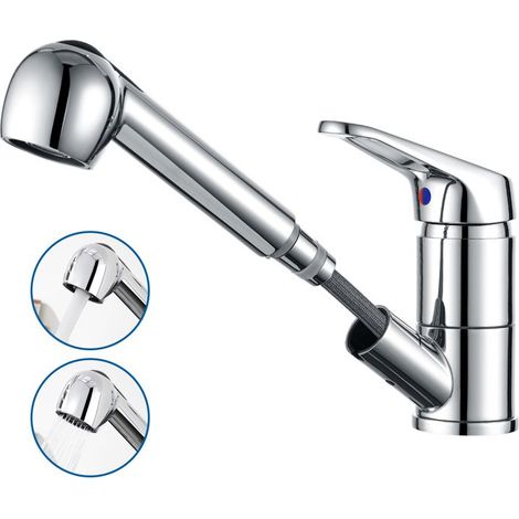 Robinet de cuisine pivotant à 360°, mitigeur de cuisine chromé avec douchette extractible, 2 modes de jet et aérateur amovible. (1/4)