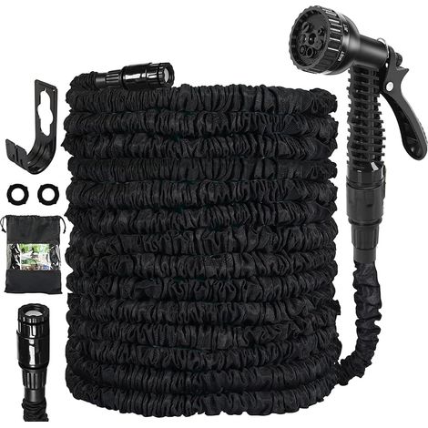 Tuyau d'arrosage extensible 15 m, flexible avec pistolet 7 fonctions, noir. (1/5)