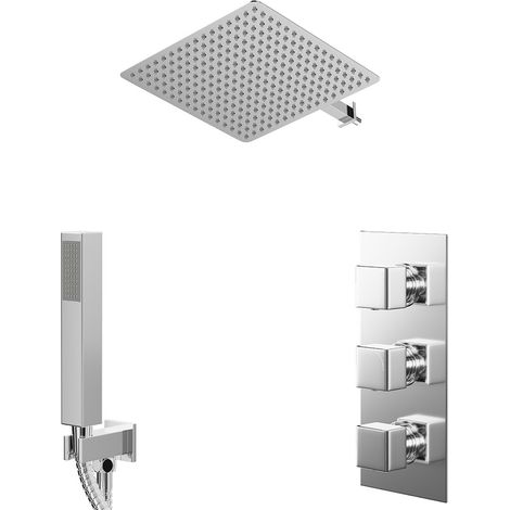 Cubix Polished Chrome Concealed Triple Thermostatic Shower Valve and 400mm Square Head with 345mm Wall Arm and Outlet Holder with Kit - 2 Outlet (1/5)