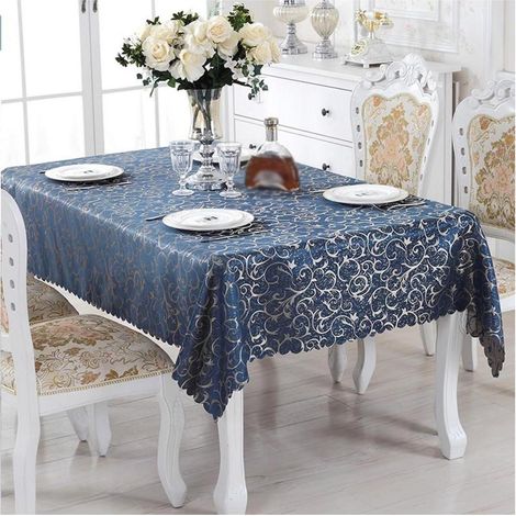 Nappe de table rectangulaire en jacquard bleu marine 140x240 cm, facile d'entretien, élégante