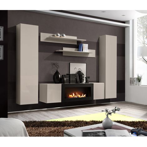 Ensemble meuble TV mural Fly M1 avec cheminée bioéthanol - Bois MDF cachemire - 260 x 170 x 40 cm - Livraison gratuite (1/3)