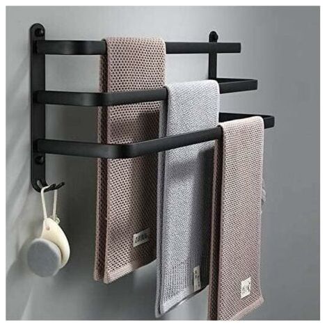 Porte Serviettes Salle de Bains Noir - Barres Porte Serviettes Adhesif Mural - Étanche avec Crochet(50cm, Three Bars)