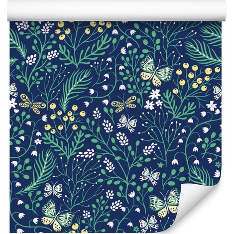 Papel pintado con estampado de plantas de pradera primaveral y hojas para salón y dormitorio, 50x1000 cm. (1/5)