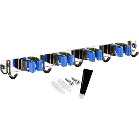 Wandmontierter Besen- und Mopphalter mit 4 Klemmen und 5 Edelstahlhaken, blau (1/5)