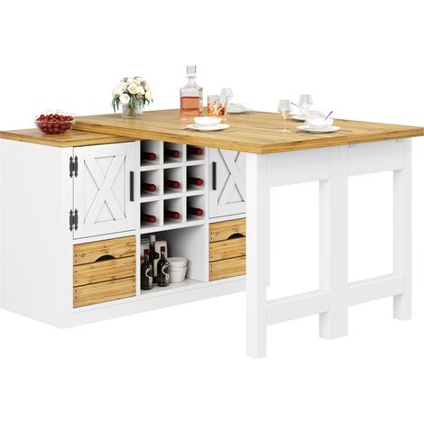 CHICFURN Table à manger extensible avec buffet pivotant 360°, îlot central de cuisine multifonction en MDF blanc, rangement et tiroir, gain de place (1/5)