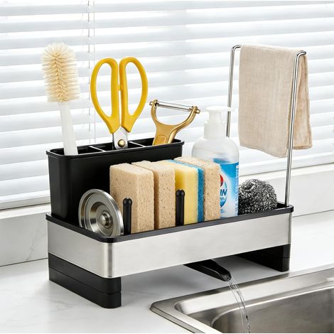 Organisateur d'évier de Cuisine Support de Rangement d'évier en Acier Inoxydable avec écoulement pivotant à 360° Organisateur d'évier de Cuisine pour Porte-éponge et de Serviettes (1/5)