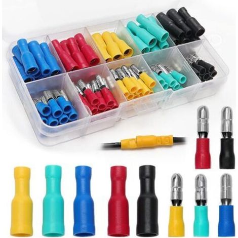 100 Pièces Cosse Câble Électrique, Mâle et Femelle Connecteurs Bullet Kit, Isolées Cosse Electrique Cylindriques (16-14 AWG) (1/4)
