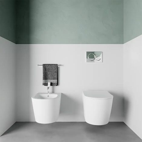 Coppia di Coppia di Sanitari Sospesi in Ceramica Rimless Bianco Opaco con Vaso, Bidet e Copriwc Soft-close Mod. Vienna (1/5)