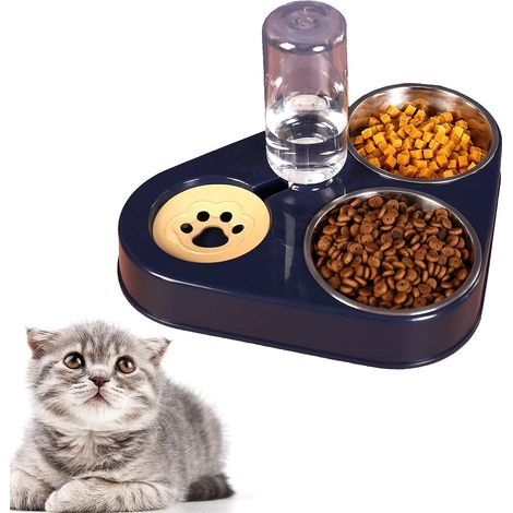 Double Raised Cat and Dog Bowl, Cat Bowl, 3-in-1 Pet Bowl with Automatic Water Storage, Stainless Steel Pet Bowl for Cats and Puppies (Blue) (1/5)