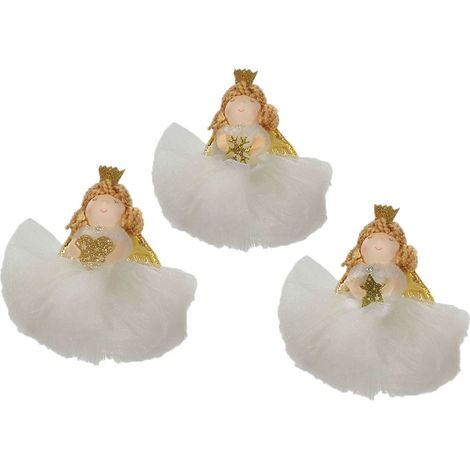 Angelo fatina bianco oro pelliccia addobbi decorazioni per albero di natale 6pz con trecce vestito organza h 13 cm (1/5)