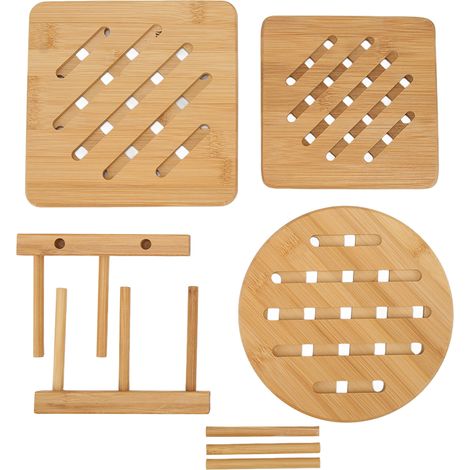 Ensemble de 3 dessous de verre épais et multifonctionnels en bambou avec support, antidérapants, pour une utilisation sur table, isolation thermique. (1/5)