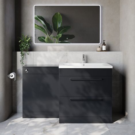 Napoli 460 Cento Gloss Grey 1400mm 2 Drawer Vanity Unit Toilet Suite with Glide Basin - 1400mm - Chrome 480mm HandleWithout Kingston Toilet Pan