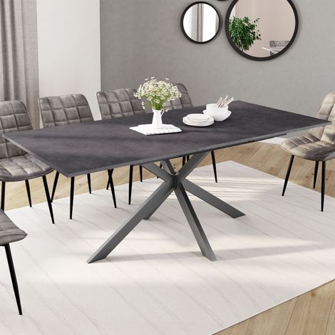 Mesa de comedor extensible JASPE, rectangular, 6-10 personas, tablero efecto hormigón, pata de araña gris antracita 160-200cm