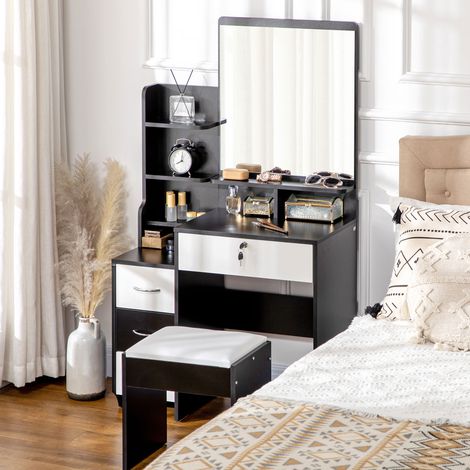 Ensemble de coiffeuse table de maquillage avec tabouret rembourré grand miroir + plusieurs étagères ouvertes + 4 tiroirs blanc noir - Modèle