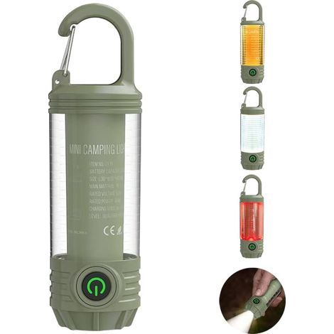 Mini lampe de poche camping LED rechargeable, Lumière extérieure portable avec crochet, lumière chaude blanche et lumières rouge, 6 modes, avec flash de signal. (1/5)