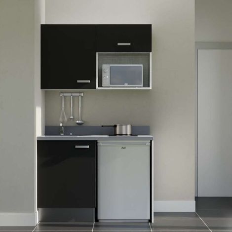 Kitchenette K07L - 120 cm - emplacements frigo top et micro-ondes-Noir-Cromo-évier à gauche