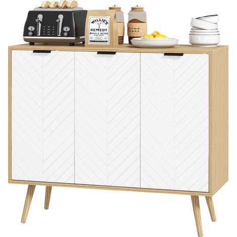 Niedriges Sideboard mit 2 Schränken, 3 Türen, Fischgrätmuster, verstellbaren Einlegeböden, 91,5 x 35 x 77,4 cm, Naturholz