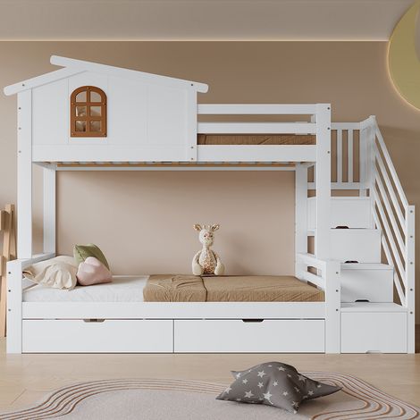Lit superposé pour enfants 90 x 200 cm et 120 x 200 cm Deux tiroirs avec roulettes, fenêtre, échelle d'angle Armoire Finition blanche + naturelle (1/5)