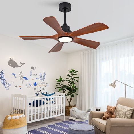 Ventilatore da soffitto 42 pollici con luce LED, 5 pale in legno massello, 6 velocità, telecomando, metallo e legno, noce e nero (1/5)