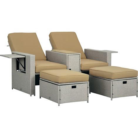 Outsunny 5PC PE Rattan Sun Lounger, Outdoor Wicker 5-level Adjustable Recliner Sofa Bed with Storage Side Table and Footstools, for Patio, Garden, Poolside, Beige
