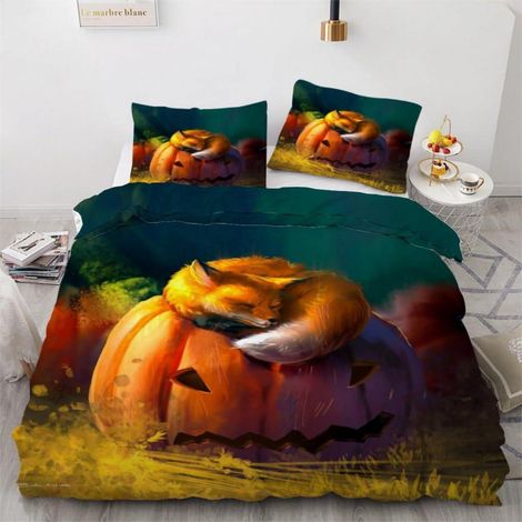 Bettwäsche-Set 3-teilig 155x220cm mit Fuchs & Kürbis Motiv, Mikrofaser