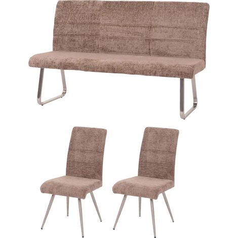 Set sala da pranzo HHG-102, 2 sedie + panca 160cm, acciaio inox stoffa/tessuto ciniglia, marrone
