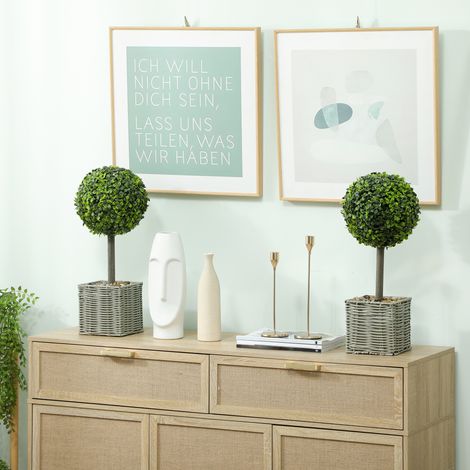 Outsunny Lot de 2 Plantes Artificielles Décoratives Boules de Buis 50cm - Pot en Plastique Tressé & Galets, Vert
