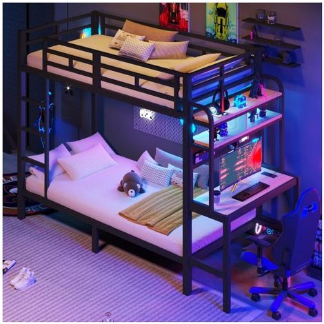 Lit Superposé 90x200 cm Bureau LED Étagères - Lit Ado - Cadre Métal Noir Solide Ports USB Gain de Place Sommeil Sécurisé Confortable (1/5)