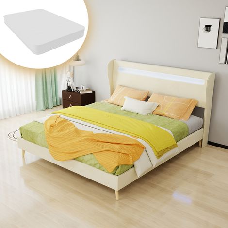 Cama 160x200 cm de tela y metal beige con cabecero LED, estable, con colchón – MEUBLIV (1/5)