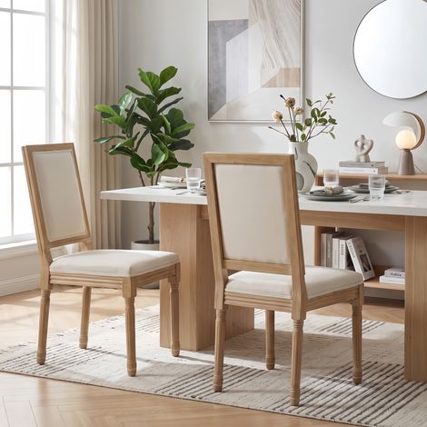 Lot de 2 Chaises en Bois Massif - Dossier Rotin Chaise Médaillon, assise rembourrée - Style Champêtre Rétro Assise Tissu Lin - Beige (1/5)