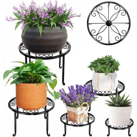 royaluxe -Lot de 5 Support pour pot de fleurs, Étagère Plantes Intérieur ou Extérieur Porte-Pots de Fleurs en Fer pour l'intérieur, Résistant à la Rouille (Noir)