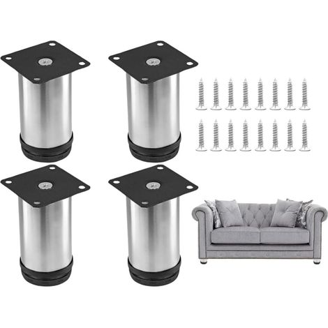 Un ensemble de 4 pieds de meubles en acier inoxydable réglables en hauteur avec vis, adaptés aux meubles tels que canapés, tables et lits (6 cm).