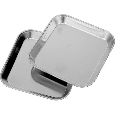 Assiettes plates en acier inoxydable argenté épais pour la cuisine, lot de 2 plateaux métalliques (1/5)