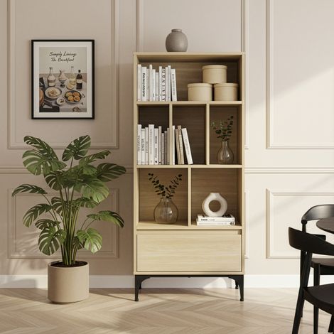Libreria Kistiandi con 6 Vani Aperti e Cassetto 137 x 60 x 35 cm - Effetto Rovere Chiaro [en.casa]