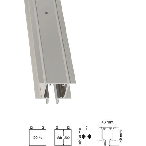 (F8) Guia Klein Lite T 100 2Mts  - LITE T 100 - Perfil oculto minimalista para instalación empotrada a falso techo para hojas hasta 100 Kg.