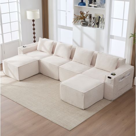 Sofá modular de 4 plazas (330x162x75 cm), con portavasos, bolsillos laterales, corduroy beige (1/5)