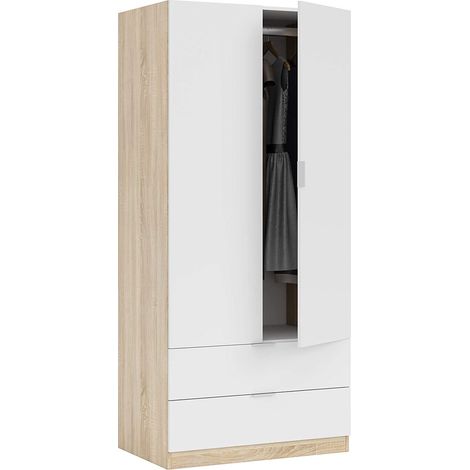 Pegane – Armoire 2 portes 2 tiroirs chêne canadien et blanc – Dimensions 81x180x52 cm – Panneaux mélaminés – Barre de penderie incluse