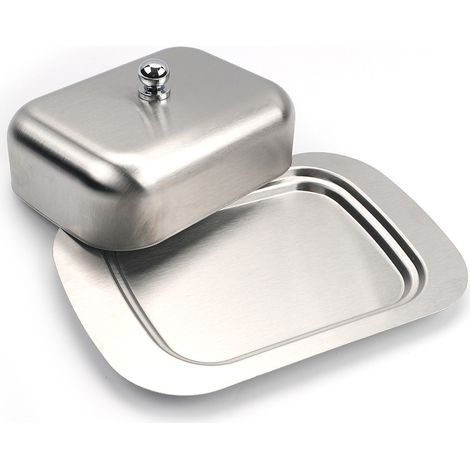 BEBUSINGOTO Beurrier en acier inoxydable - Bol à dessert - Boîte à pain au fromage avec couvercle - Pour 250 g de beurre - Pour restaurant à la maison - Argenté - 18,8 x 12,8 x 6,7 cm (1/5)