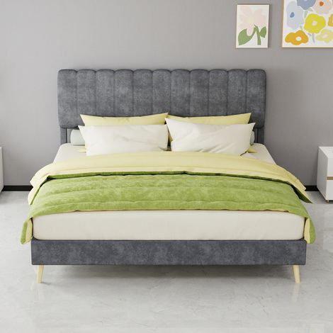 Cama tapizada de tela y metal gris 160x200 cm, diseño moderno y base de plataforma