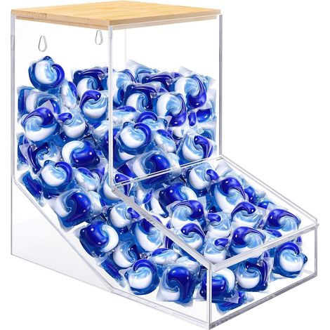 BoîTe à DéTergent avec 2 Couvercle, Acrylique Organisateur de détergent 2.45L, Bureau ou Montage Mural Organisateur de détergent Sec, Boite Lessive Rangement Buanderie pour Capsules/Boules/Pods (1/5)