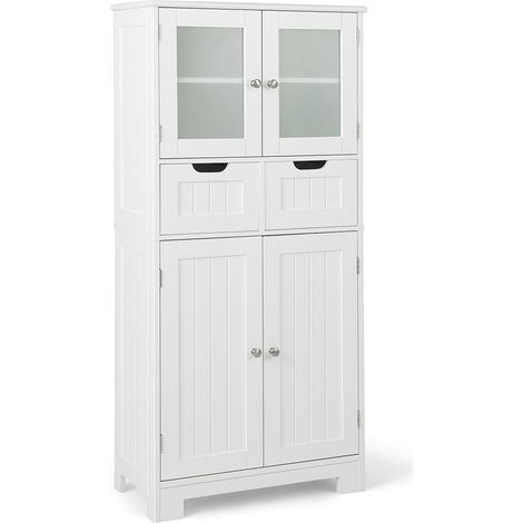 Meuble de rangement blanc en MDF avec 2 tiroirs, portes en verre et étagères réglables pour salle de bain et cuisine (1/5)