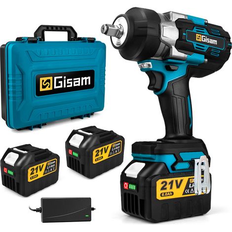 Gisam – Clé à chocs électrique 1/2" 2300Nm – 1800W – 2 batteries 6.0Ah – Moteur sans balais – Vitesse variable 0-3600 tr/min