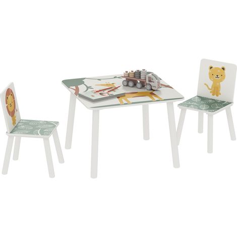 Kindertisch und 2 Stühle aus grünem Holz, Tiermuster, 60x60x44 cm, verspielte und robuste Kindermöbel.