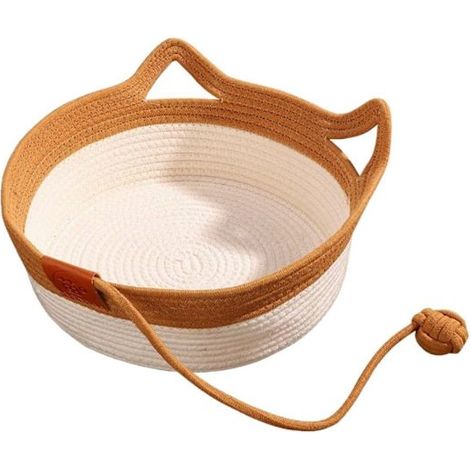Panier pour chat en corde tressée, couchage amélioré avec queue en peluche, design semi-fermé, coussin rond en coton, convient à tous les chats, marron