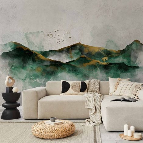 Papier peint - Paysage abstrait de montagnes vertes avec des motifs dorés et des oiseaux (1/5)