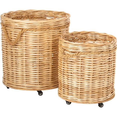 Set de 2 cache pots ronds en rotin sur roues - Naturel (1/4)