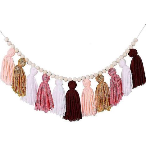 Guirlande de perles en bois avec pompons, style rustique champêtre, pendentifs en perles, décoration intérieure (1/5)
