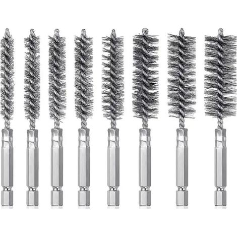Ensemble de 8 brosses à tige hexagonale de 6,35 mm (1/4 pouce) pour perceuses, conçues pour l'alésage, le nettoyage, le meulage et le polissage, l'élimination de la peinture et de la rouille, en acier (1/5)